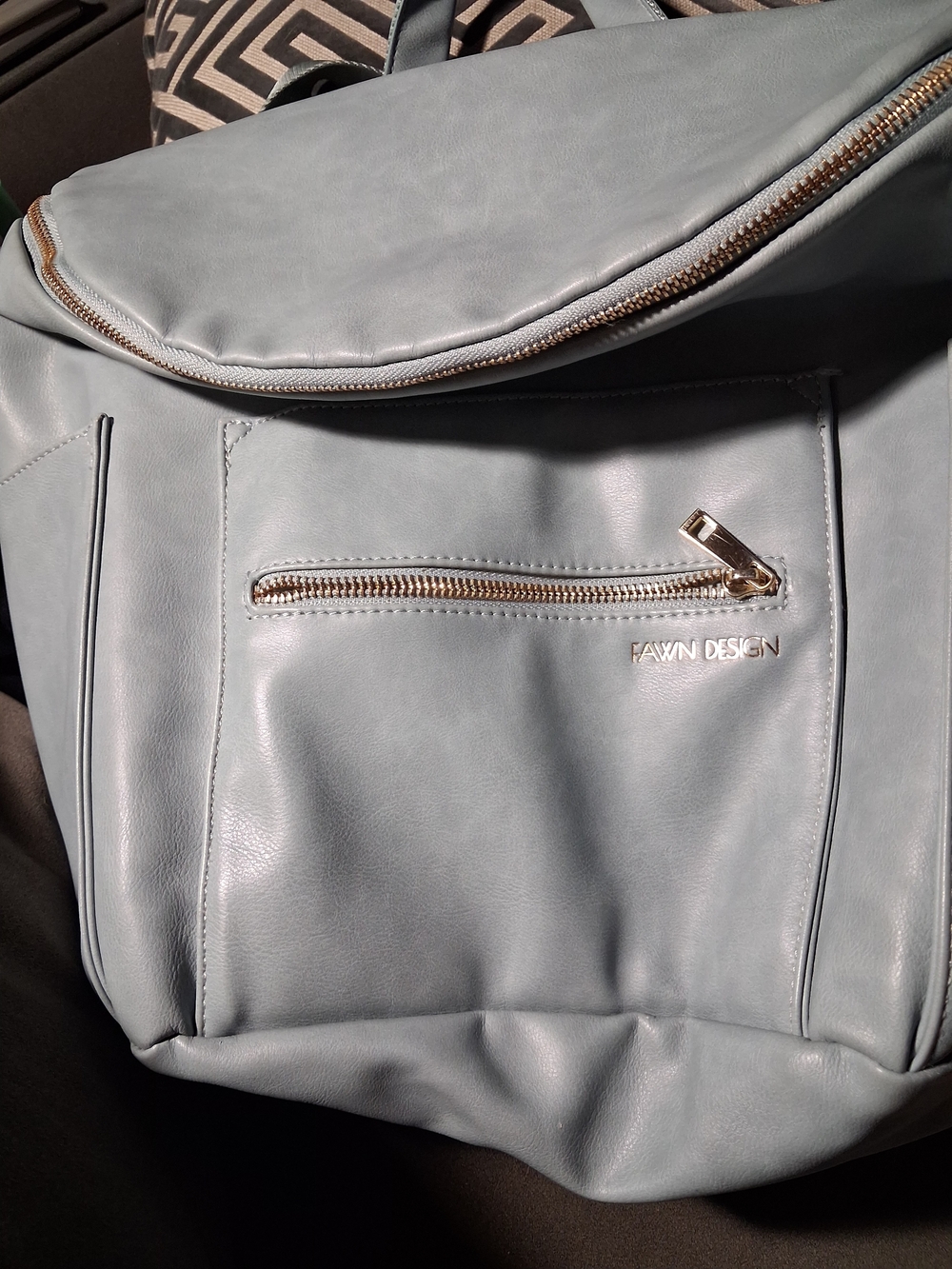FAWN DESIGN Baby Blue Vegan Leather 13 Pock. Diaper/Backpack with Gold Hardware